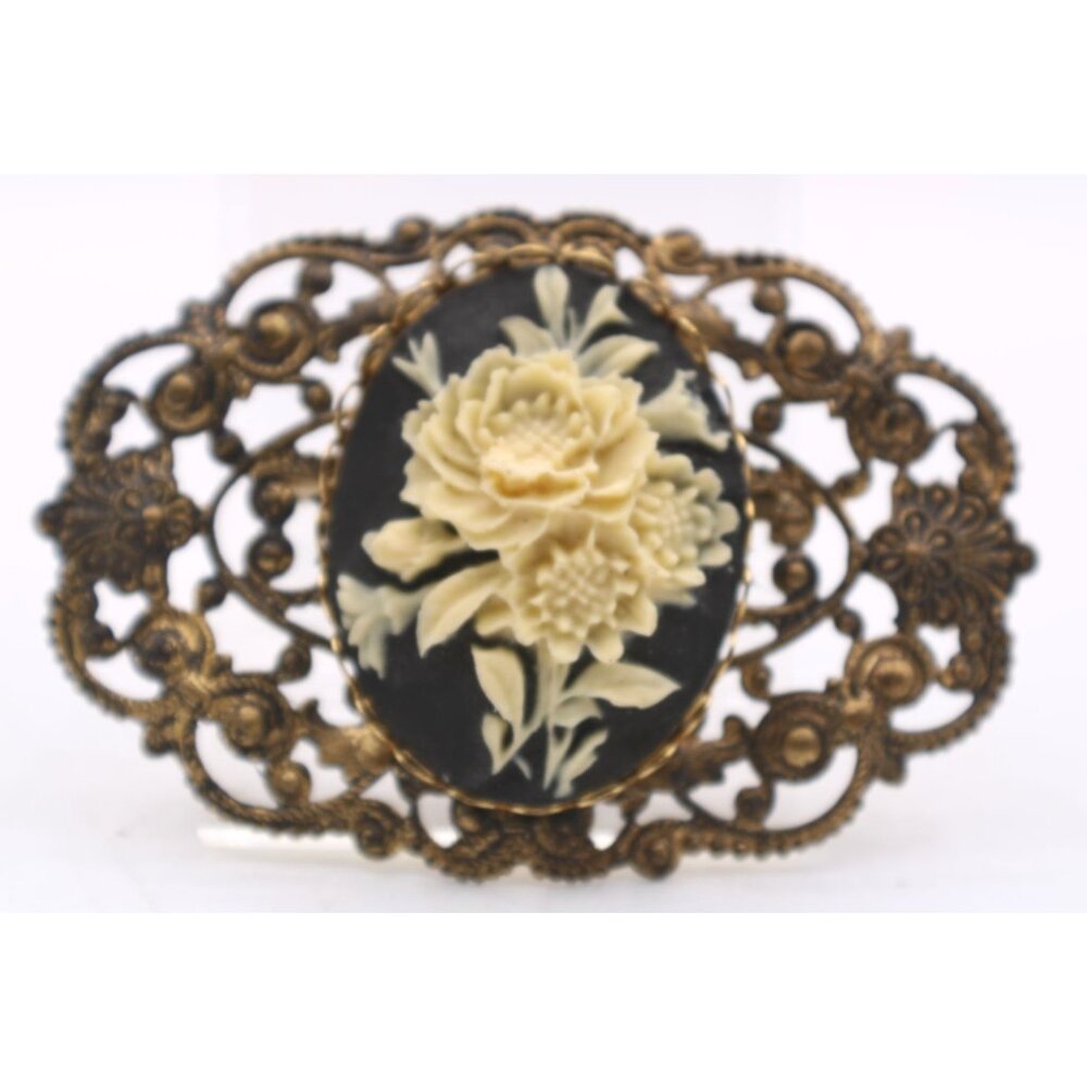 Victorian Floral Cameo Brooch Pin Brass Ornate Filigree Frame Carved Flowers Vtg
